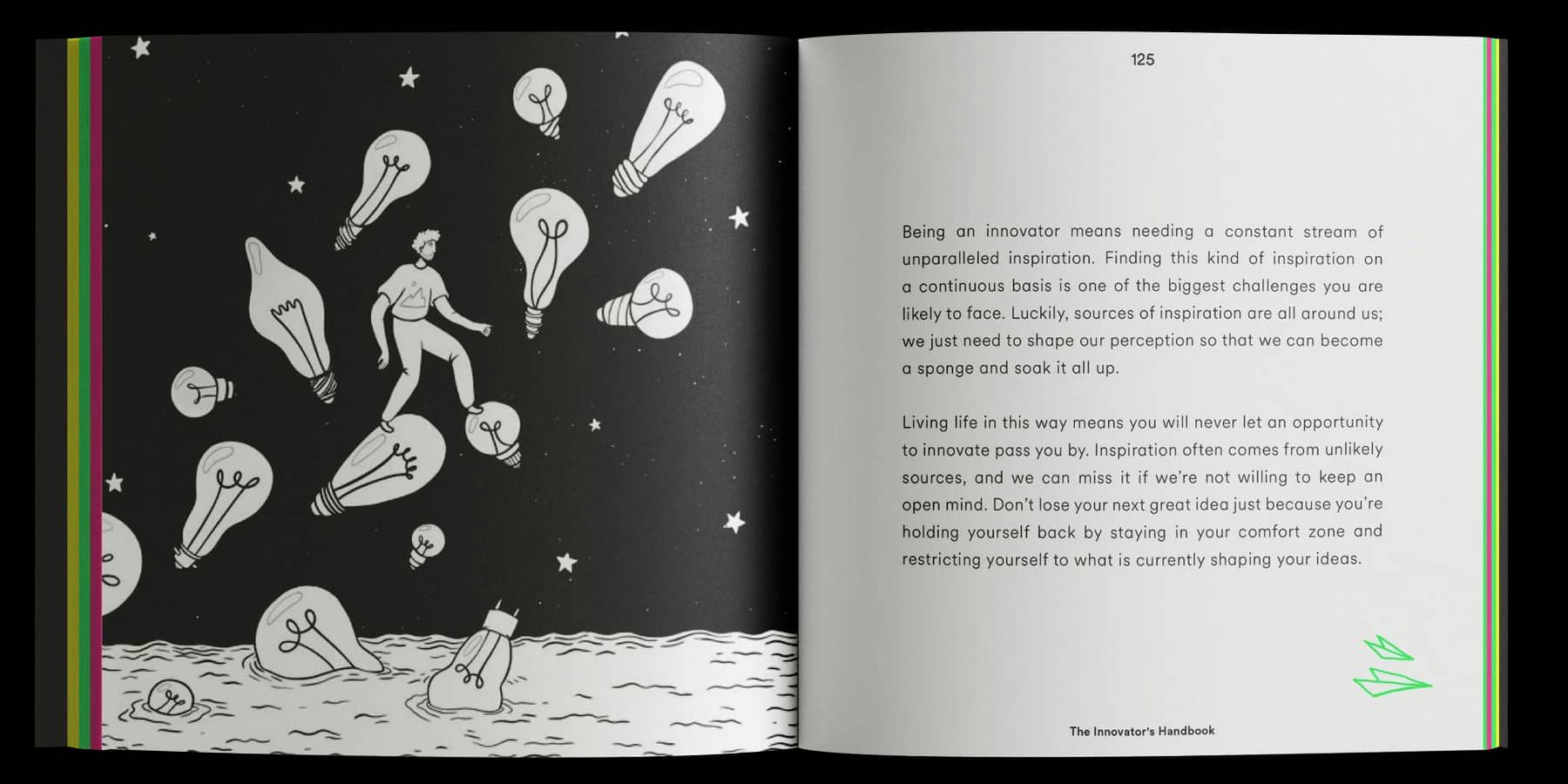 Example book page with person jumping from lightbulb to lightbulb